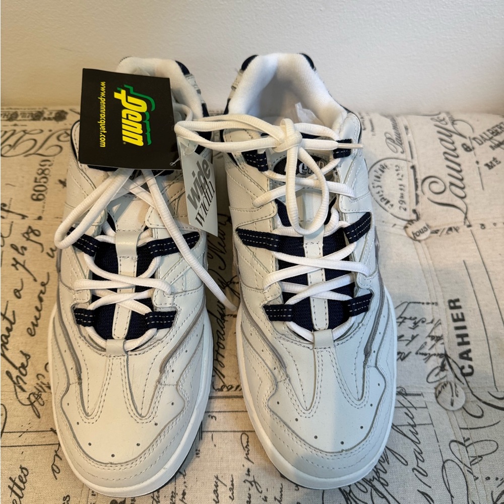 Men's NWT "PENN" White and Navy X-wide Athletic Shoes with Cushioned Sole - Picture 2 of 6